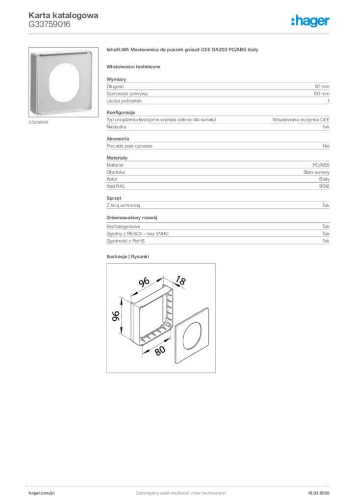 Zdjęcie Hager Karta katalogowa G33759016 | Hager Polska