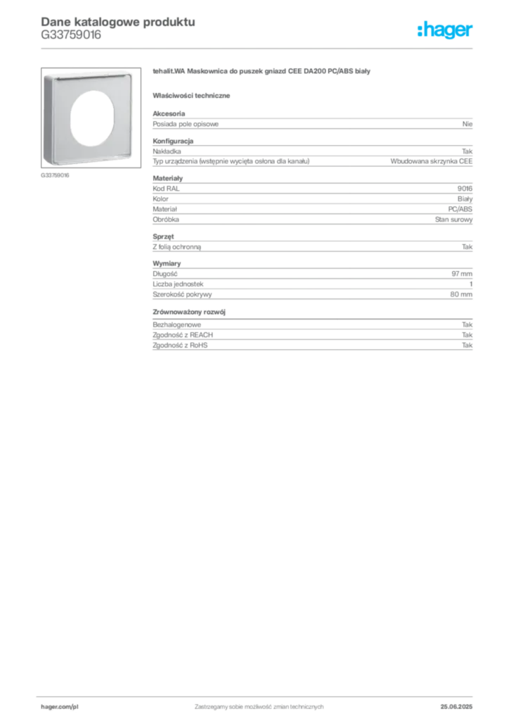 Zdjęcie Hager Karta katalogowa G33759016 | Hager Polska