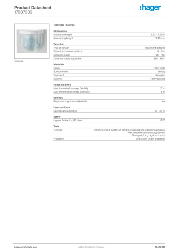 Image Hager Product data sheet 17887009  | Hager