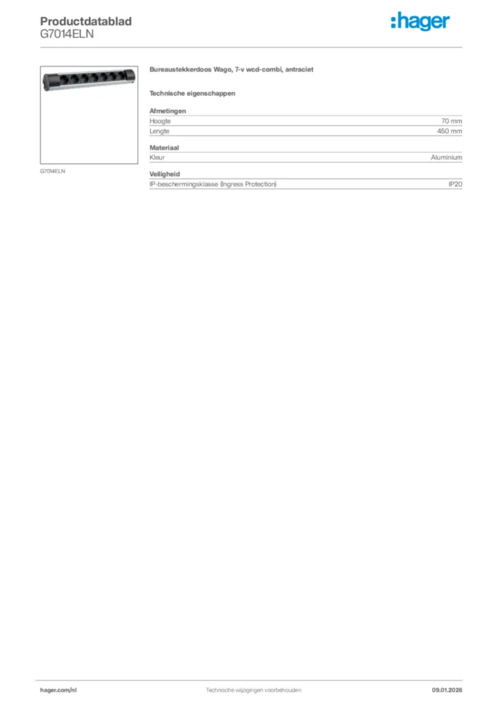 Afbeelding Hager Productdatablad G7014ELN | Hager Nederland