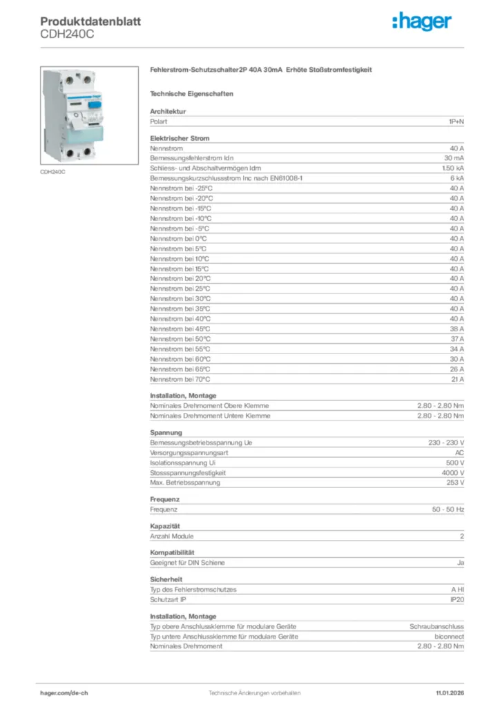 Bild Hager Produktdatenblatt CDH240C | Hager Schweiz