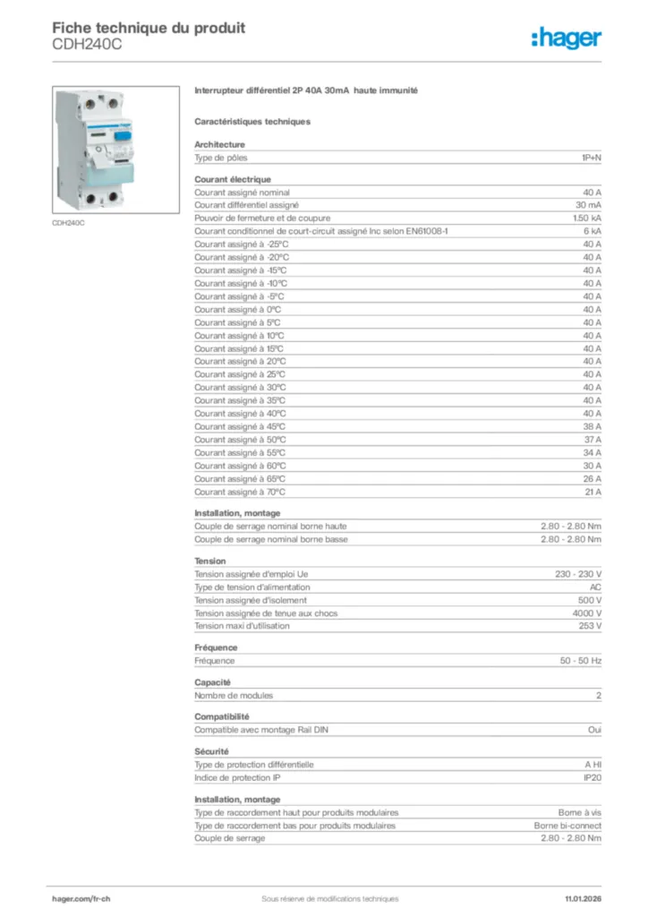 Image Hager Fiche technique du produit CDH240C | Hager Suisse