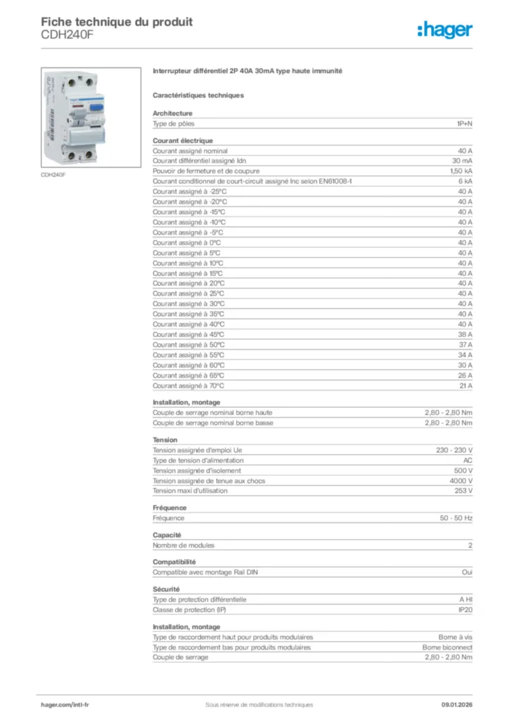 Image Hager Fiche technique du produit CDH240F | Hager Afrique