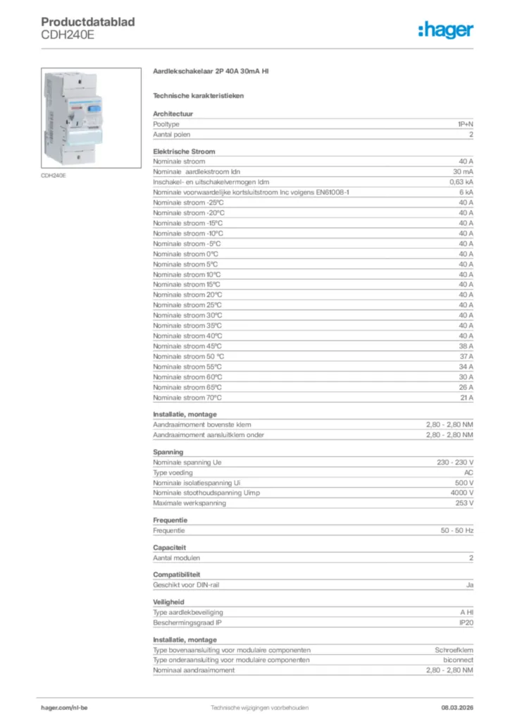 Afbeelding Hager Productdatablad CDH240E | Hager Belgium