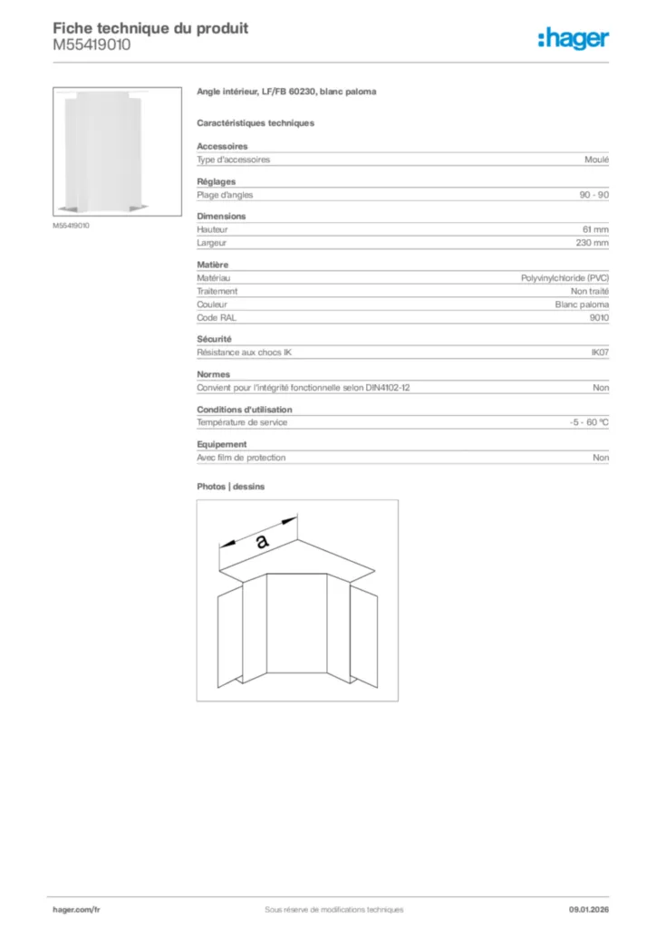 Image Hager Fiche technique du produit M55419010 | Hager France