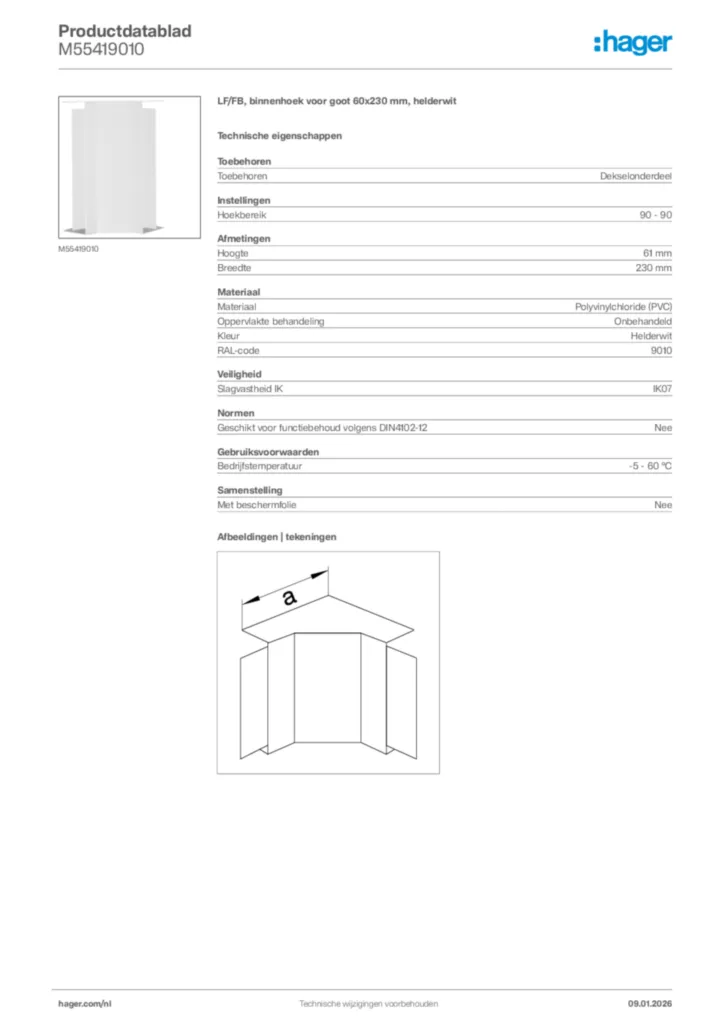 Afbeelding Hager Productdatablad M55419010 | Hager Nederland