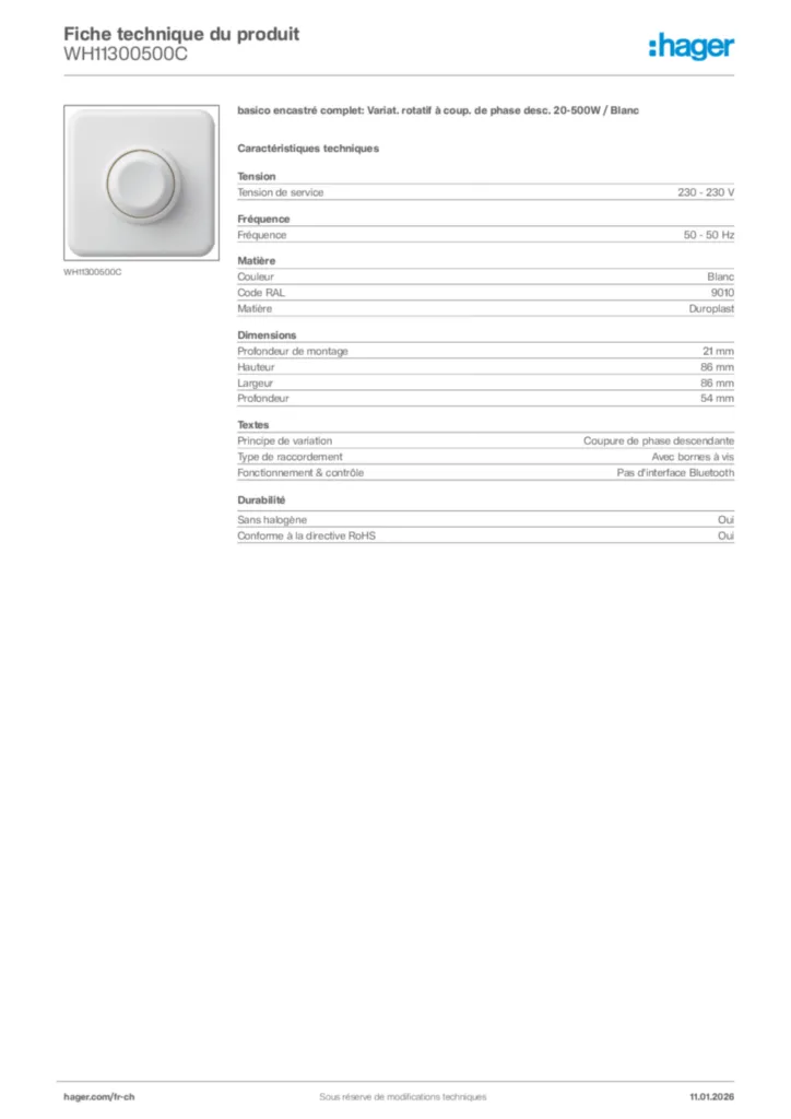 Image Hager Fiche technique du produit WH11300500C | Hager Suisse