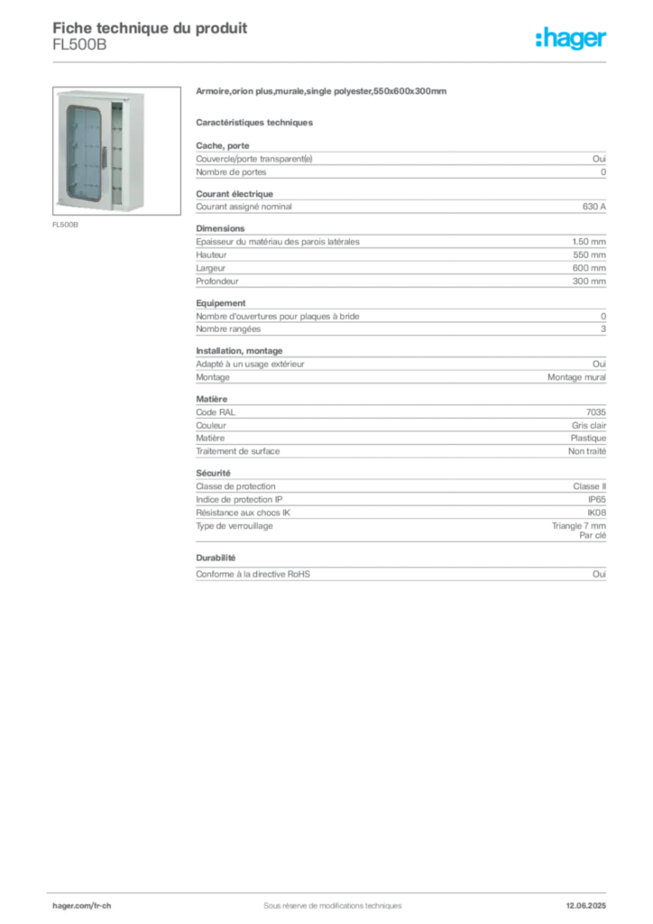 Image Hager Fiche technique du produit FL500B | Hager Suisse