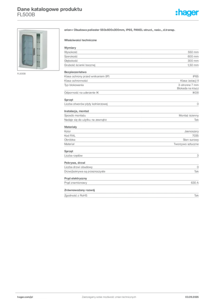 Zdjęcie Hager Karta katalogowa FL500B | Hager Polska