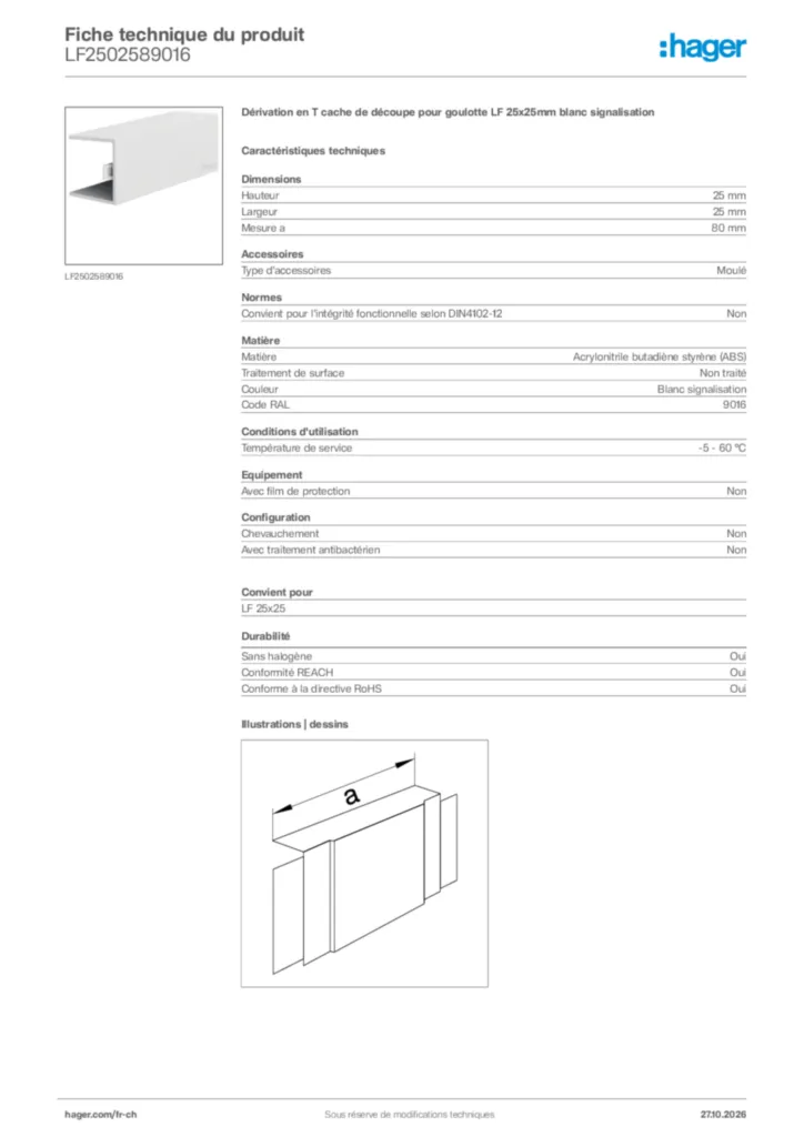 Image Hager Fiche technique du produit LF2502589016 | Hager Suisse