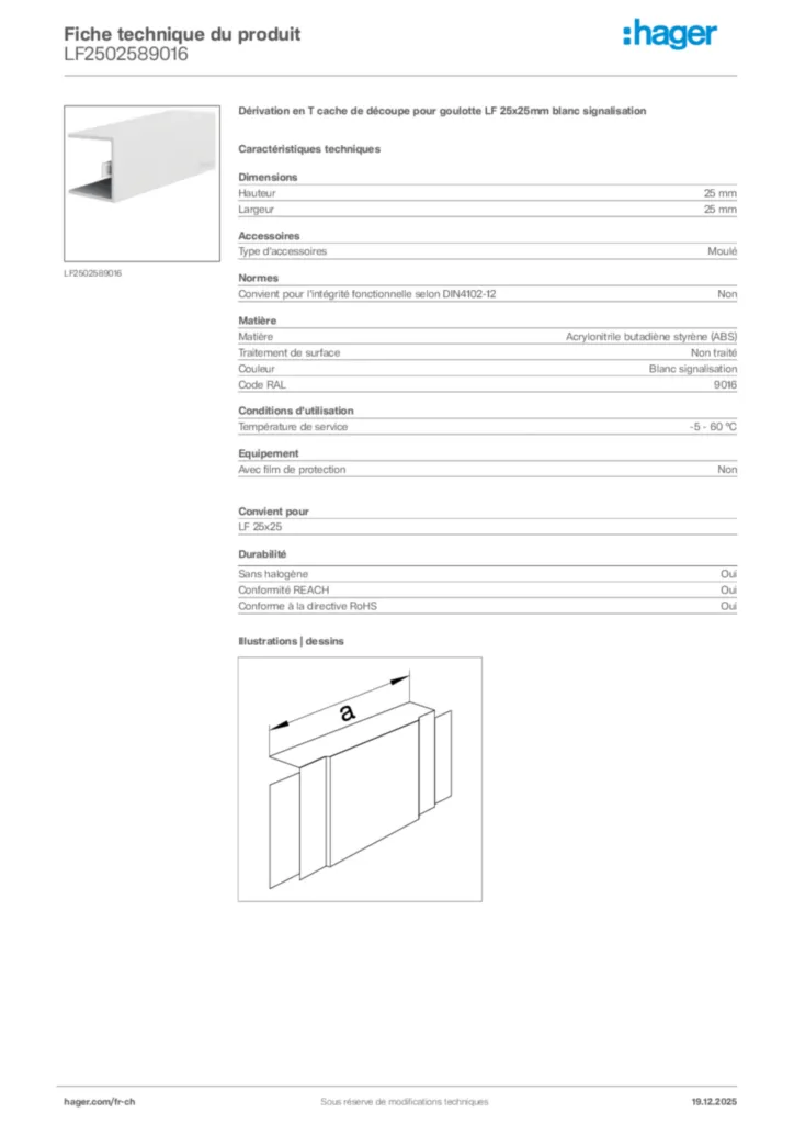 Image Hager Fiche technique du produit LF2502589016 | Hager Suisse