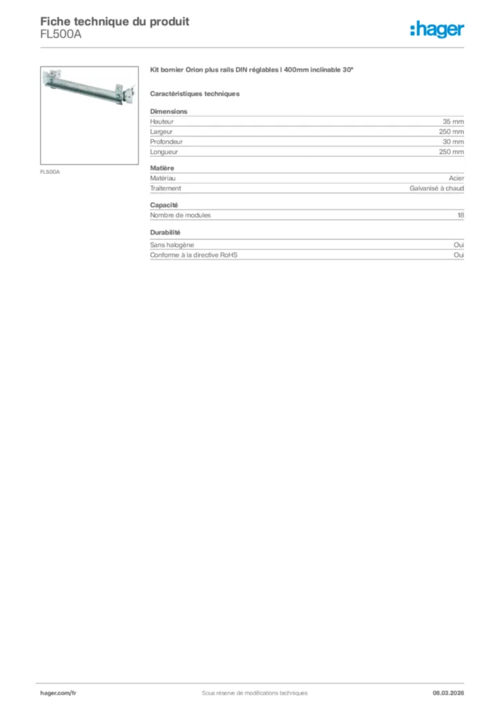 Image Hager Fiche technique du produit FL500A | Hager France