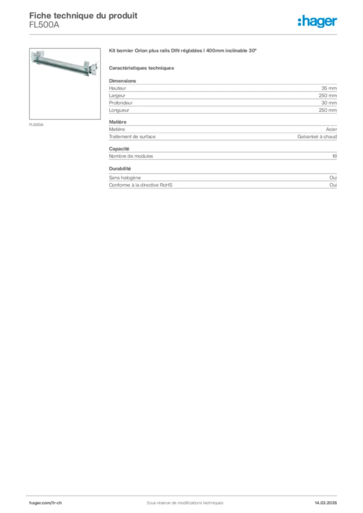 Image Hager Fiche technique du produit FL500A | Hager Suisse