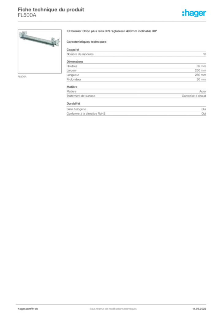 Image Hager Fiche technique du produit FL500A | Hager Suisse