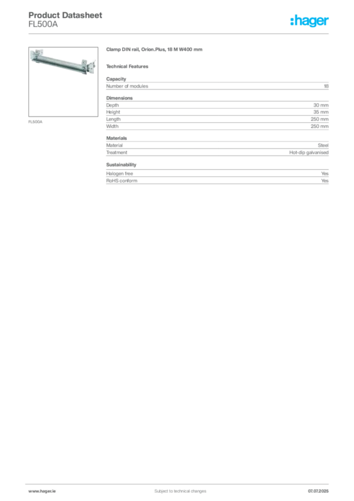 Image Hager Product data sheet FL500A  | Hager