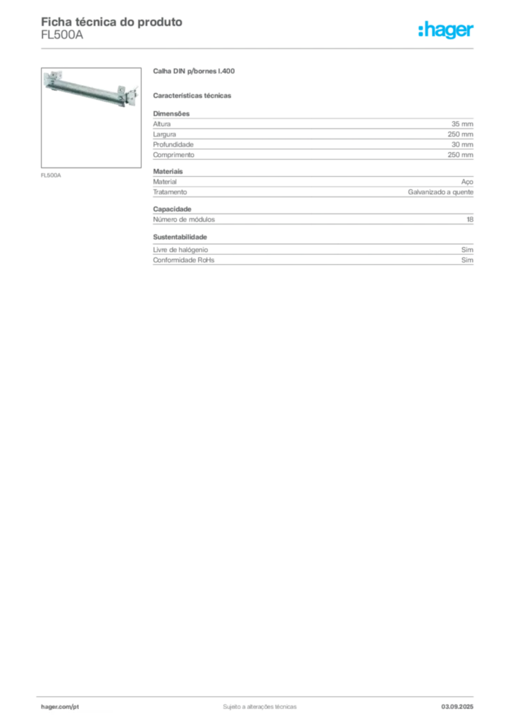 Imagem Hager Ficha técnica do produto FL500A | Hager Portugal