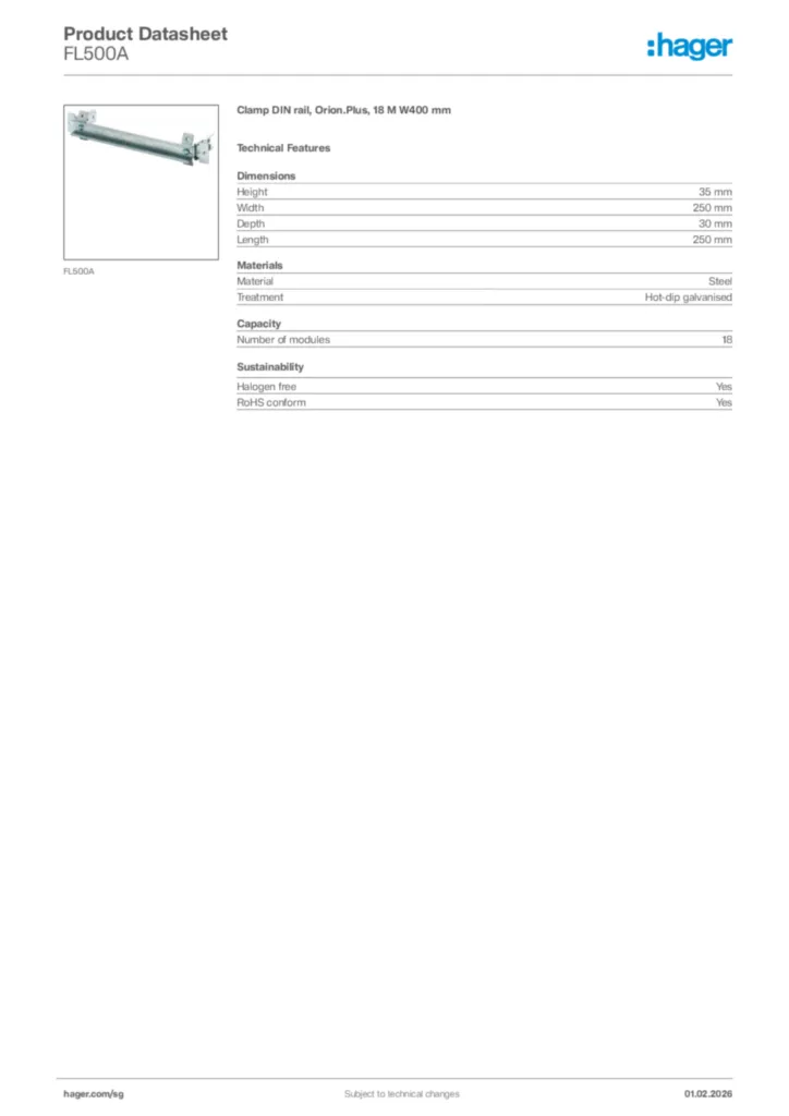 Image Hager Product data sheet FL500A  | Hager