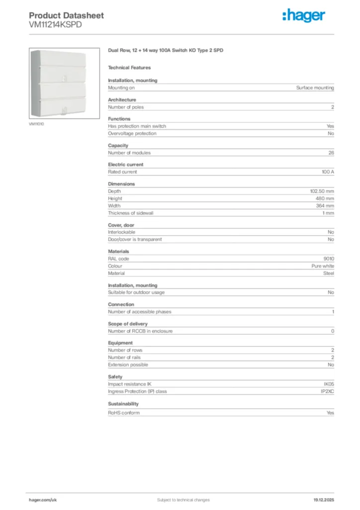 Image Hager Product data sheet VM11214KSPD  | Hager