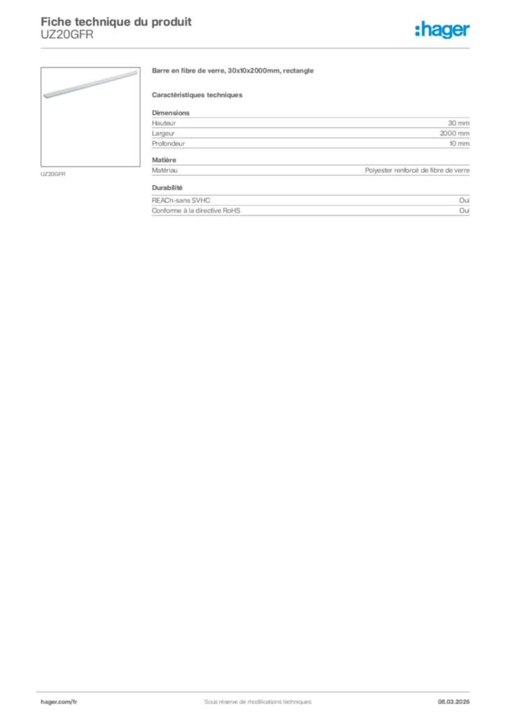 Image Hager Fiche technique du produit UZ20GFR | Hager France
