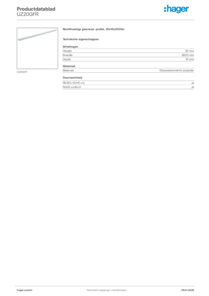 Afbeelding Hager Productdatablad UZ20GFR | Hager Nederland