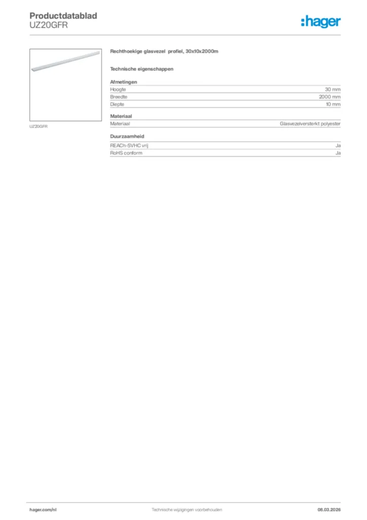 Afbeelding Hager Productdatablad UZ20GFR | Hager Nederland