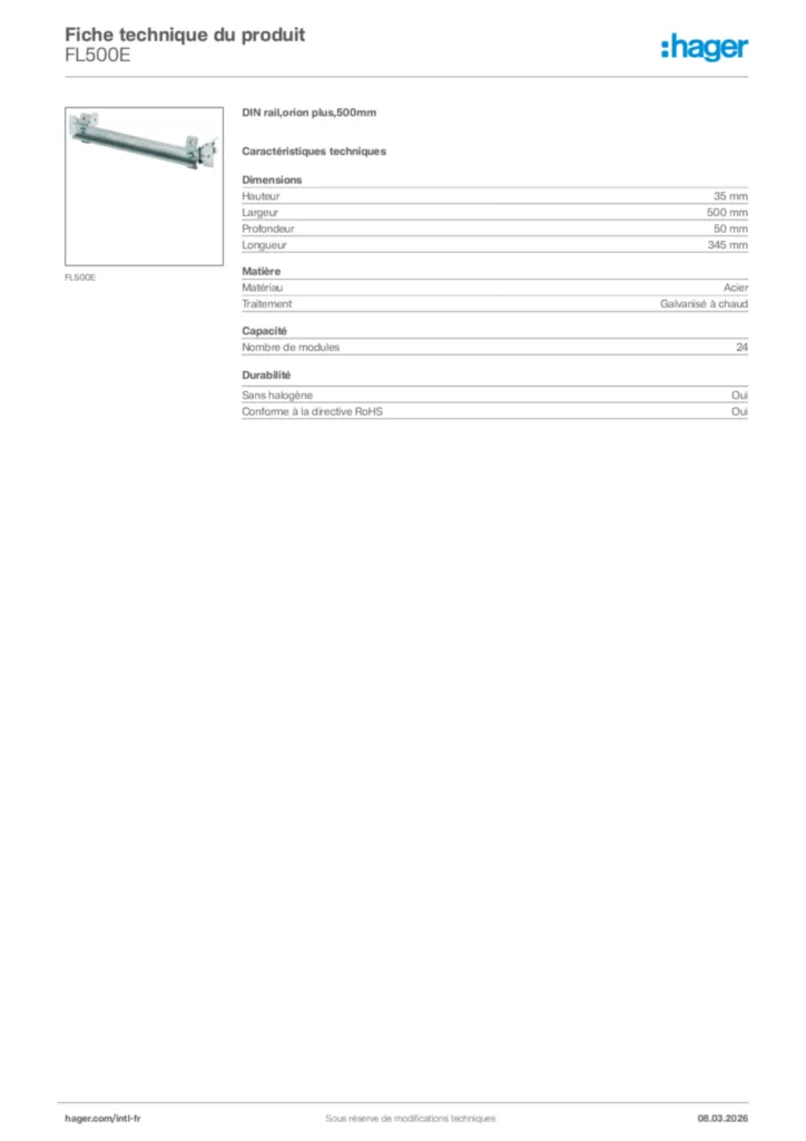 Image Hager Fiche technique du produit FL500E | Hager Afrique