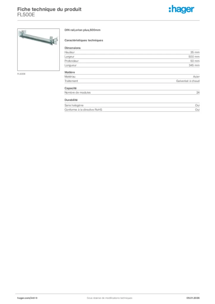 Image Hager Fiche technique du produit FL500E | Hager Afrique