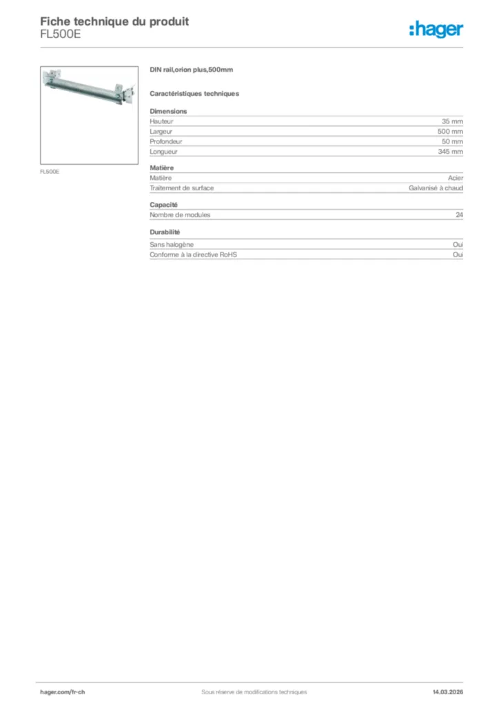 Image Hager Fiche technique du produit FL500E | Hager Suisse