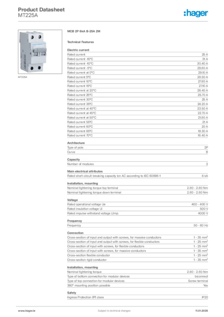Image Hager Product data sheet MT225A  | Hager