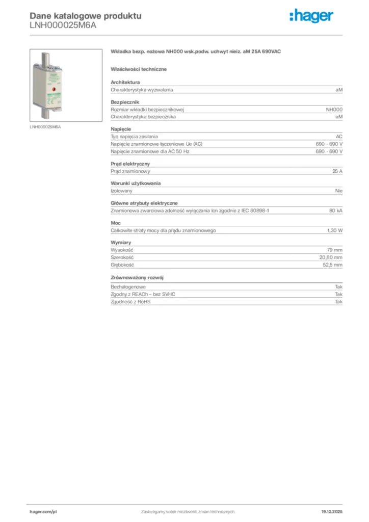 Zdjęcie Hager Karta katalogowa LNH000025M6A | Hager Polska