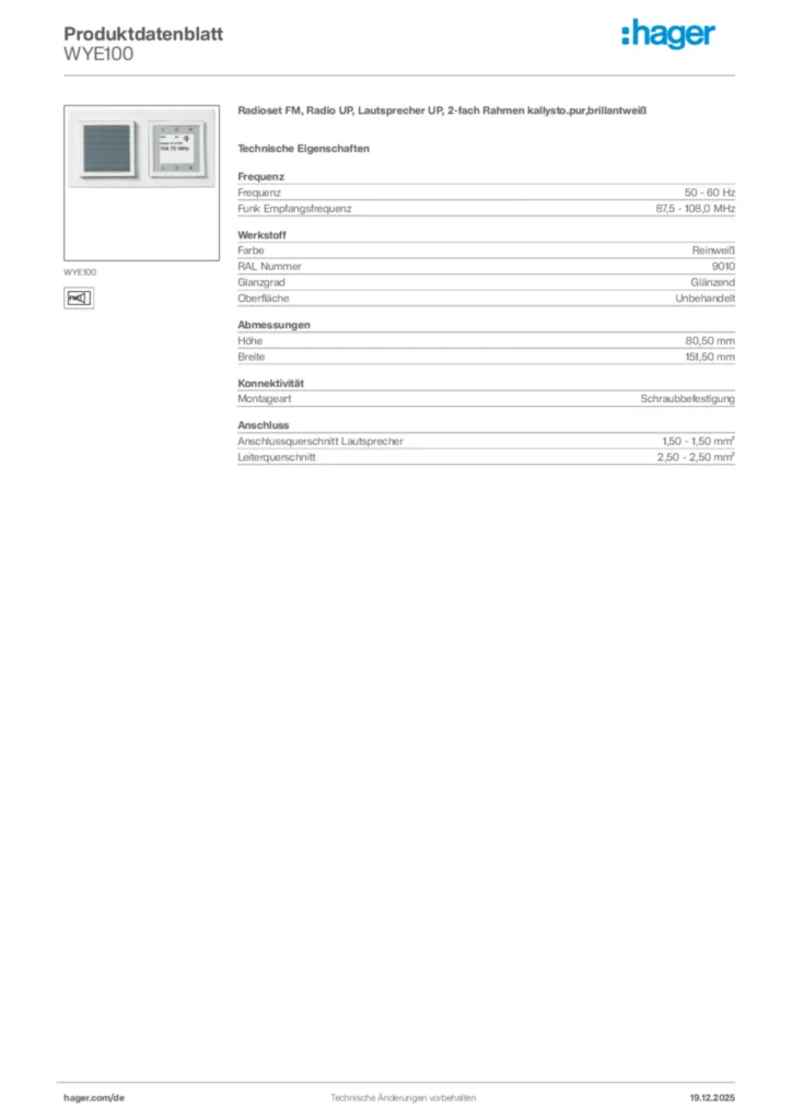 Bild Hager Produktdatenblatt WYE100 | Hager Deutschland