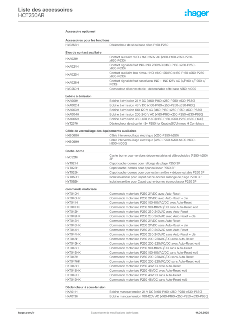 Image Hager Fiche technique du produit HCT250AR | Hager France