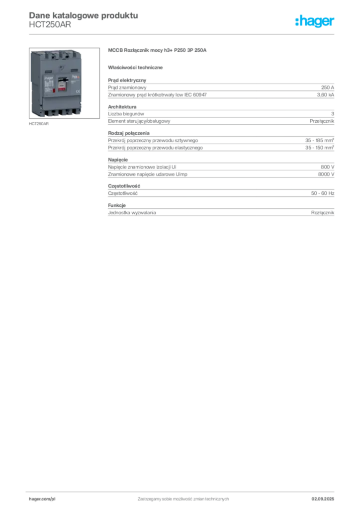 Zdjęcie Hager Karta katalogowa HCT250AR | Hager Polska