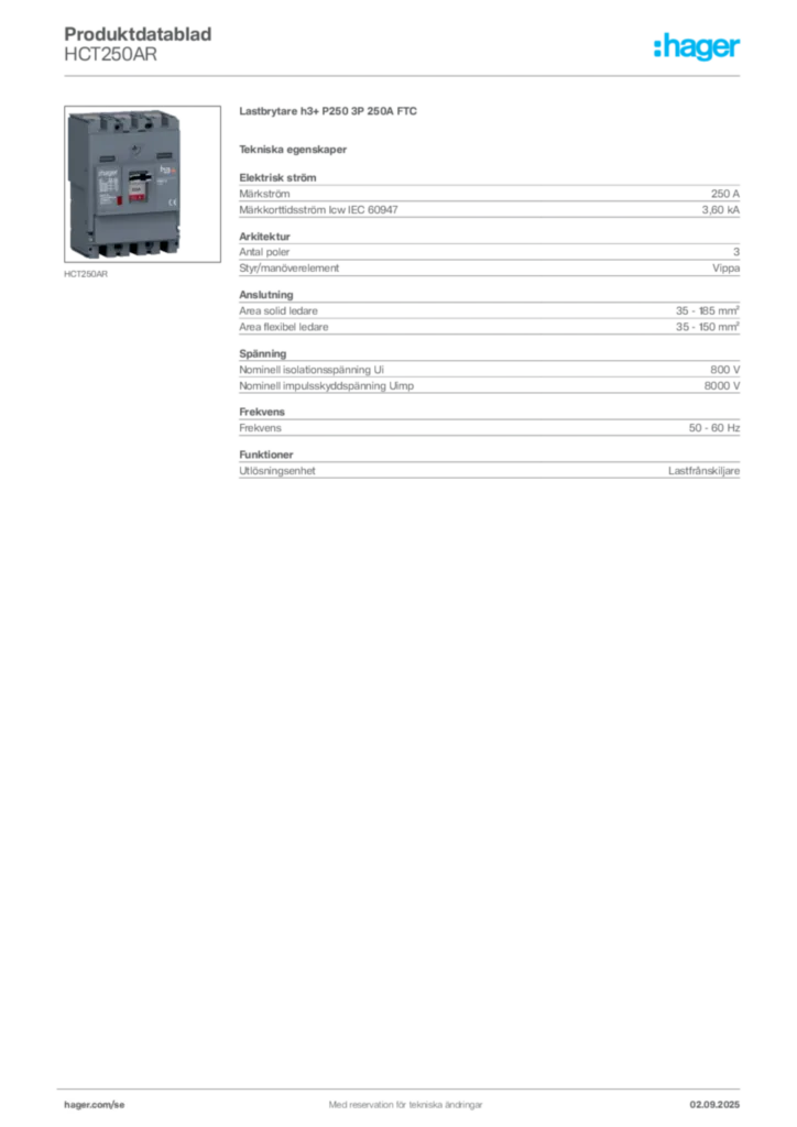 Bild Hager Produktdatablad HCT250AR | Hager Sverige