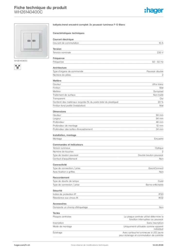 Image Hager Fiche technique du produit WH26140400C | Hager Suisse