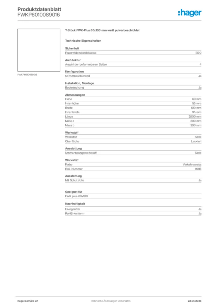 Bild Hager Produktdatenblatt FWKP6010089016 | Hager Schweiz