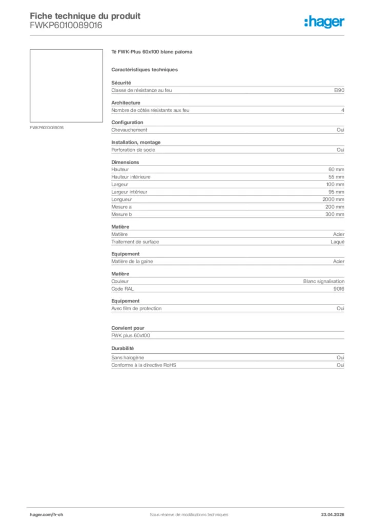 Image Hager Fiche technique du produit FWKP6010089016 | Hager Suisse