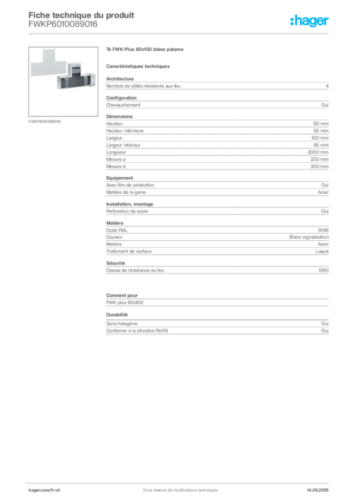 Image Hager Fiche technique du produit FWKP6010089016 | Hager Suisse