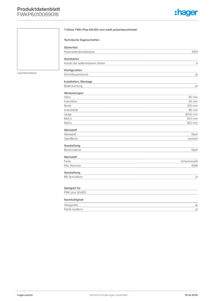 Bild Hager Produktdatenblatt FWKP6010089016 | Hager Deutschland