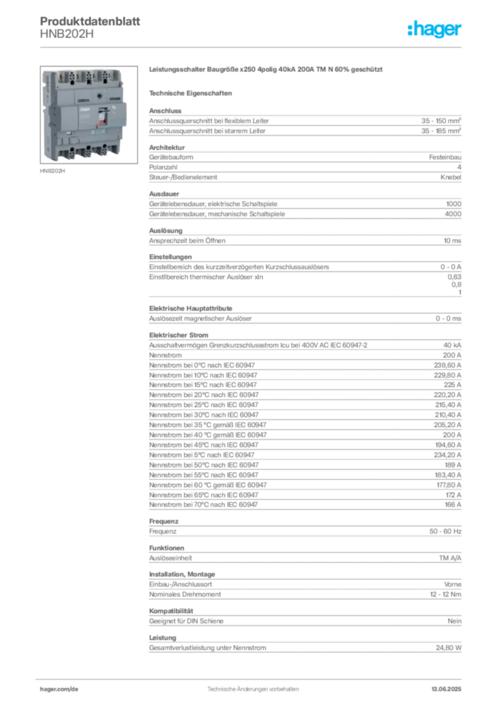Bild Hager Produktdatenblatt HNB202H | Hager Deutschland