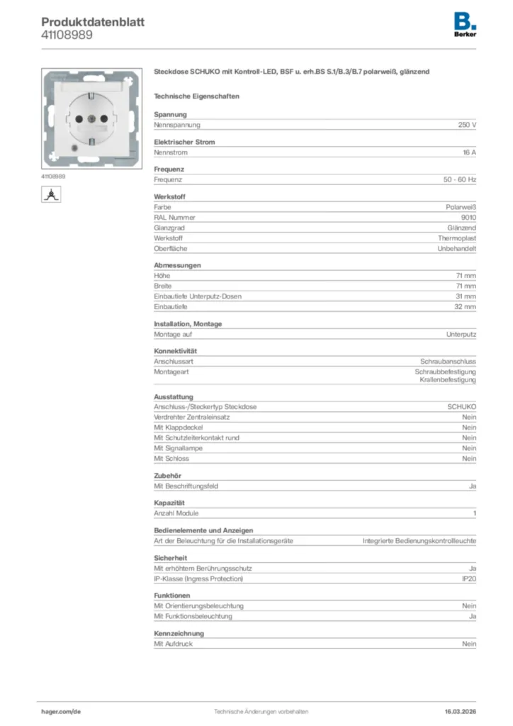 Bild Berker Produktdatenblatt 41108989 | Hager Deutschland