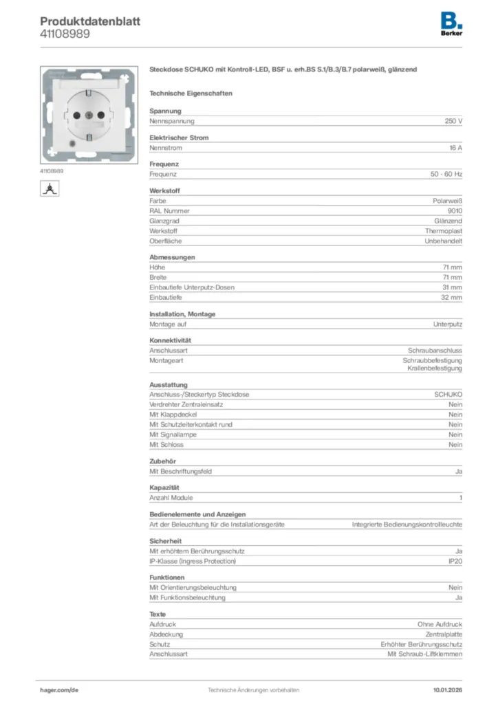 Bild Berker Produktdatenblatt 41108989 | Hager Deutschland