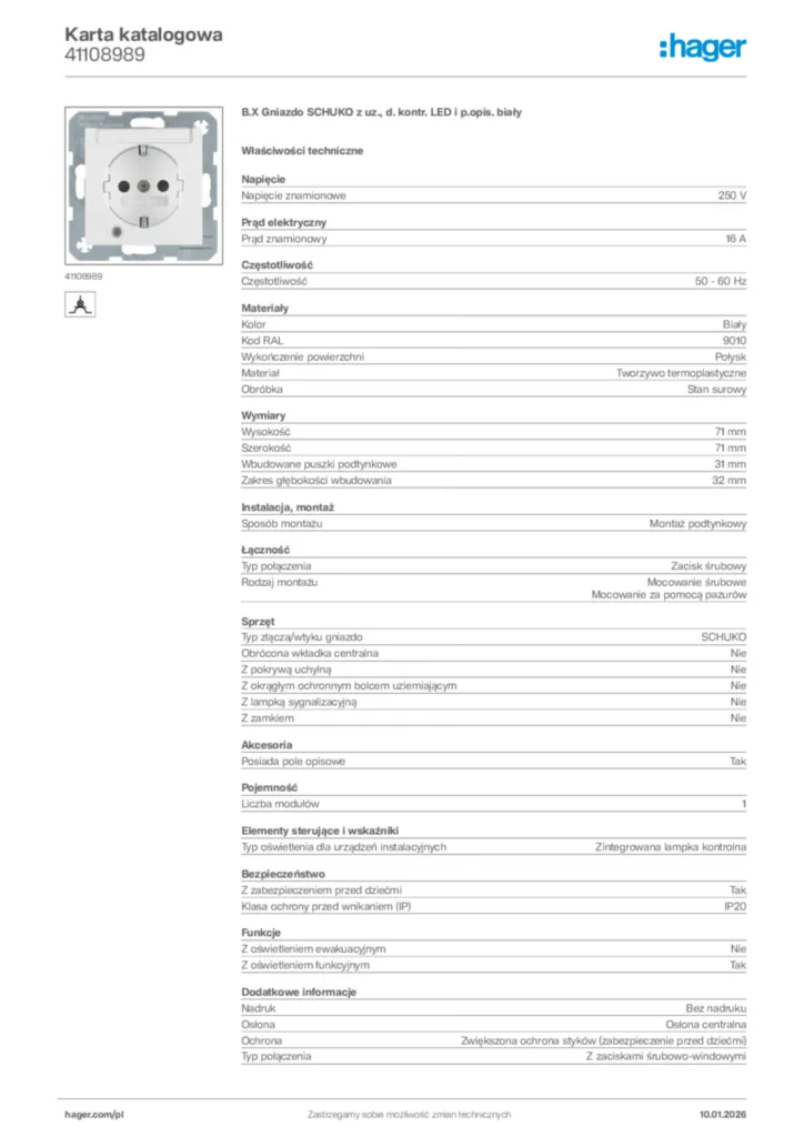 Zdjęcie Hager Karta katalogowa 41108989 | Hager Polska