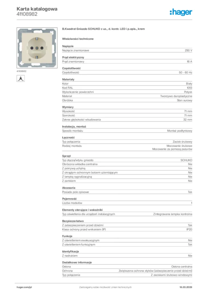 Zdjęcie Hager Karta katalogowa 41108982 | Hager Polska