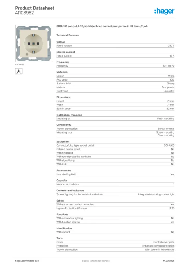 Image Hager Product data sheet 41108982  | Hager