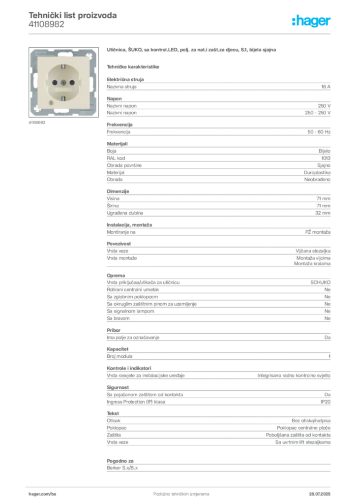 Slika Hager Product data sheet 41108982  | Hager
