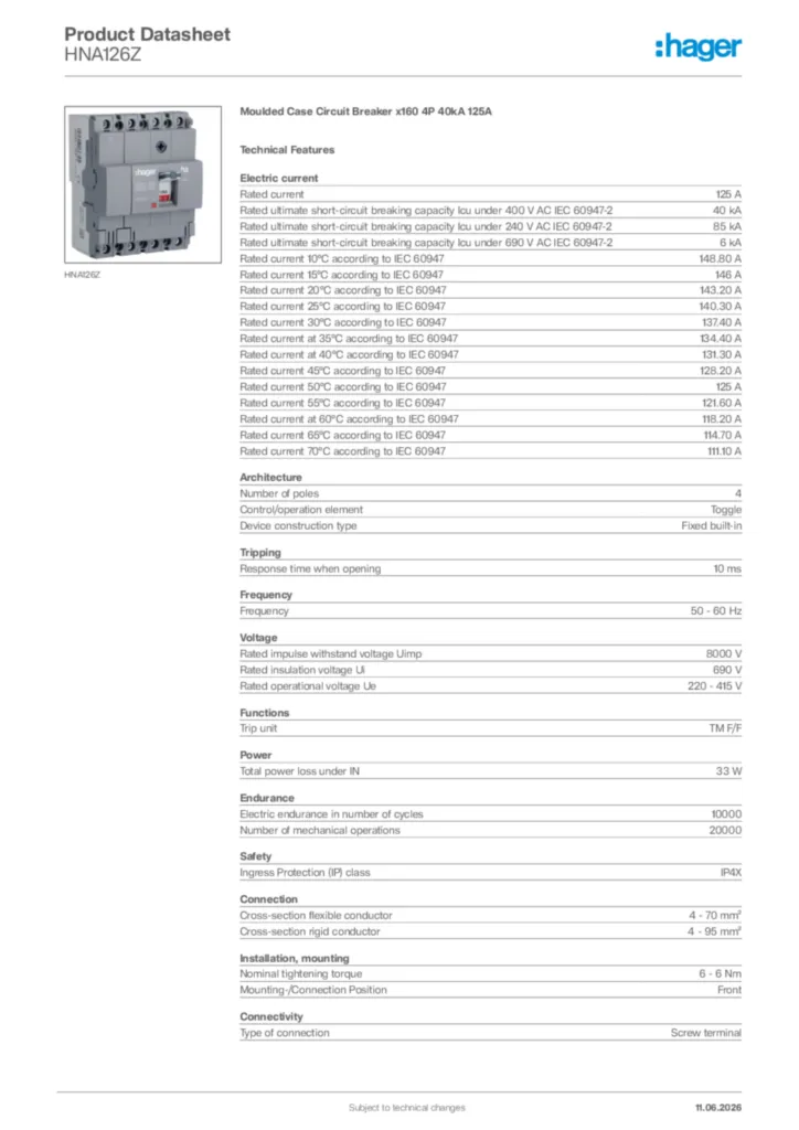 Image Hager Product data sheet HNA126Z  | Hager Africa