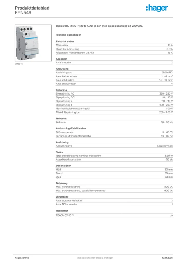Bild Hager Produktdatablad EPN546 | Hager Sverige