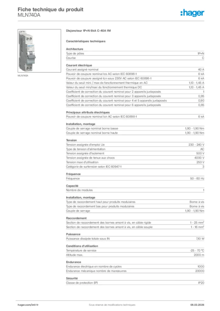 Image Hager Fiche technique du produit MLN740A | Hager Afrique