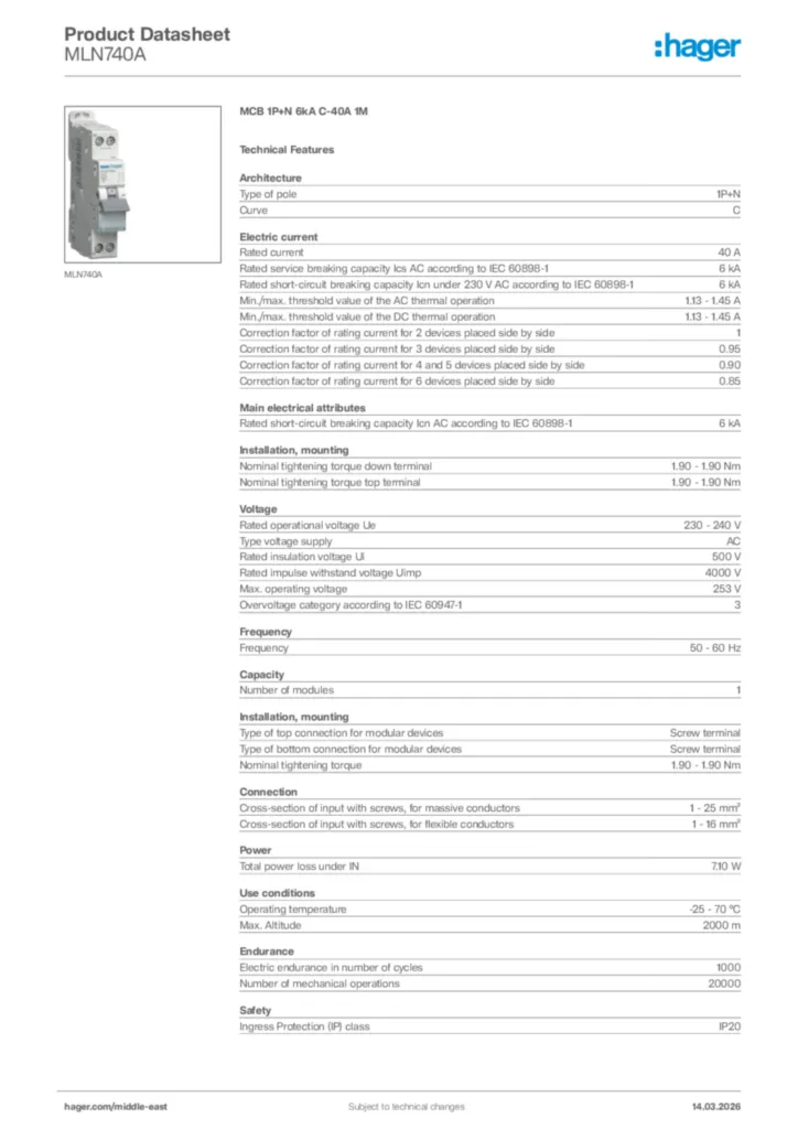 Image Hager Product data sheet MLN740A  | Hager